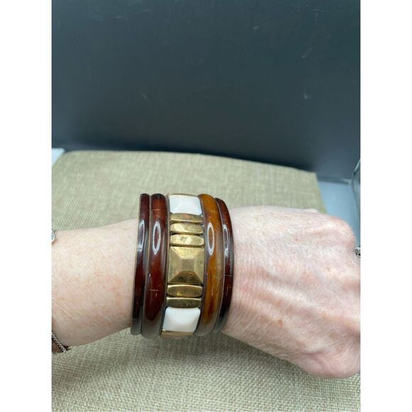 Vintage Brass & Wood Bangle Bracelet Brown Retro Jewelry Wide Cuff - Picture 1 of 8